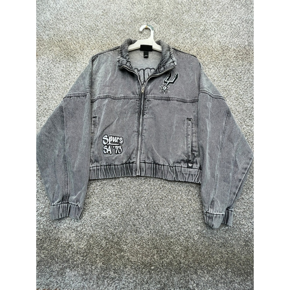 The Wild Collective Spurs Denim Jacket Women M Gray NWOT Acid Wash Zip